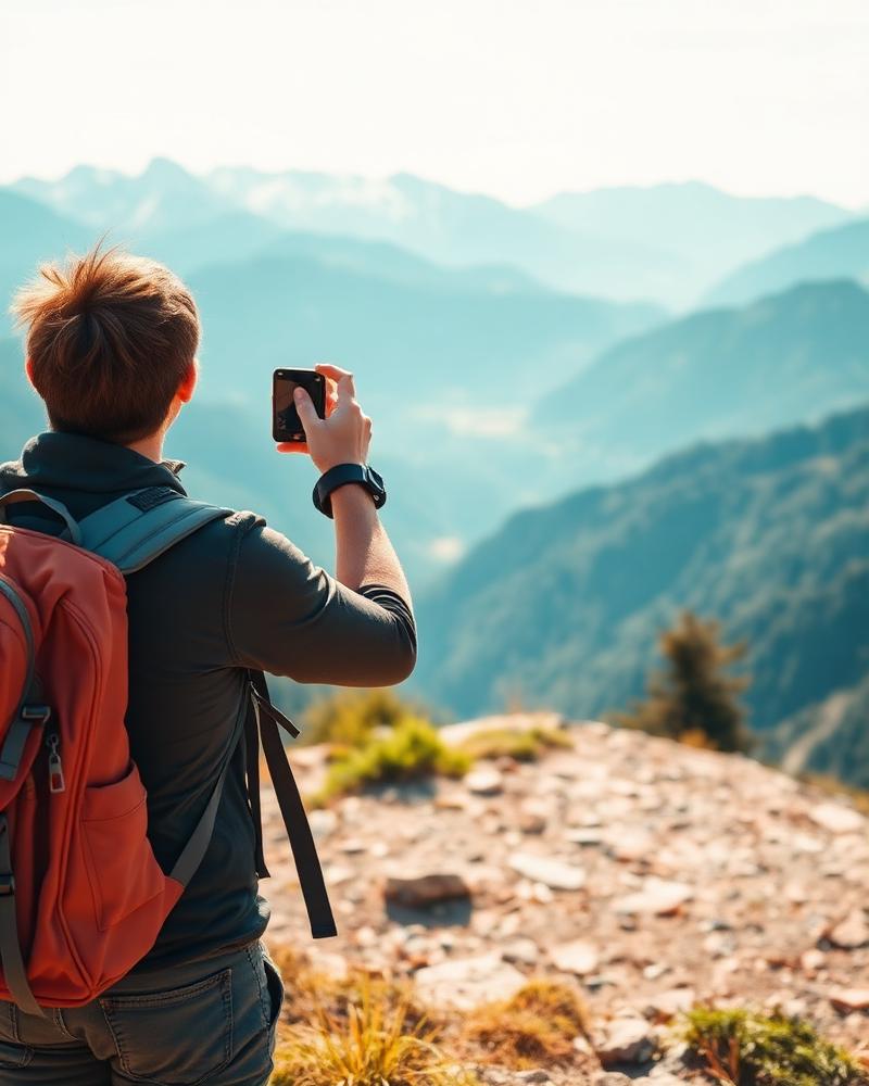 Traveller photographing a mountain valley