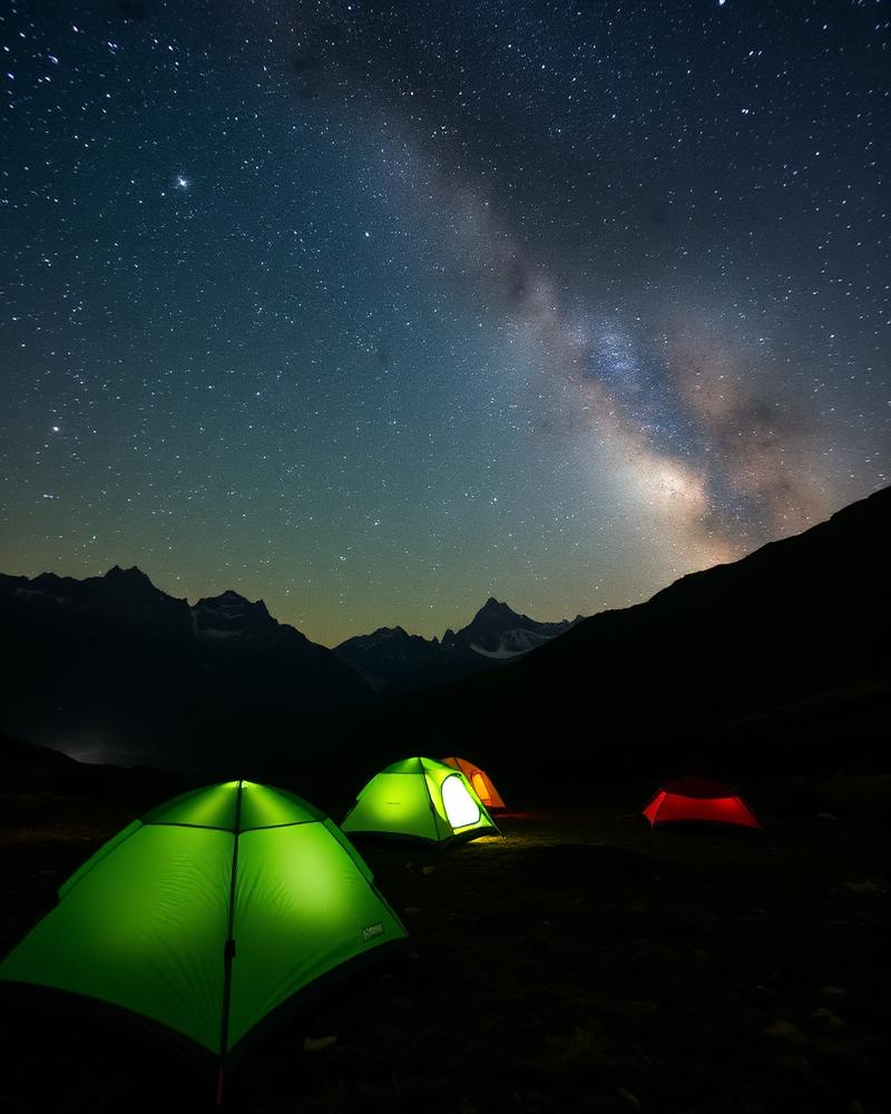 Tents under a starry mountain sky